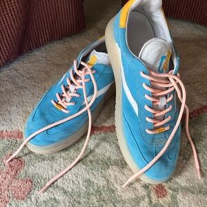 Blue and Yellow Sneakers with Pink Laces